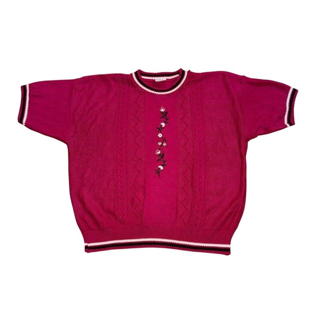 Vtg Cape Cod Pink Floral Embroidery Sweater L grandmacore American collection